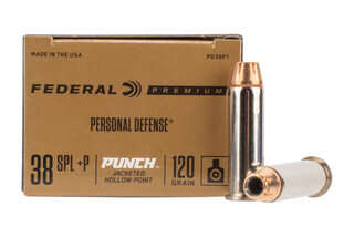 Federal Premium Personal Defense Punch .38 Special +P with 120gr jacketed hollow point, 20-rounds per box.